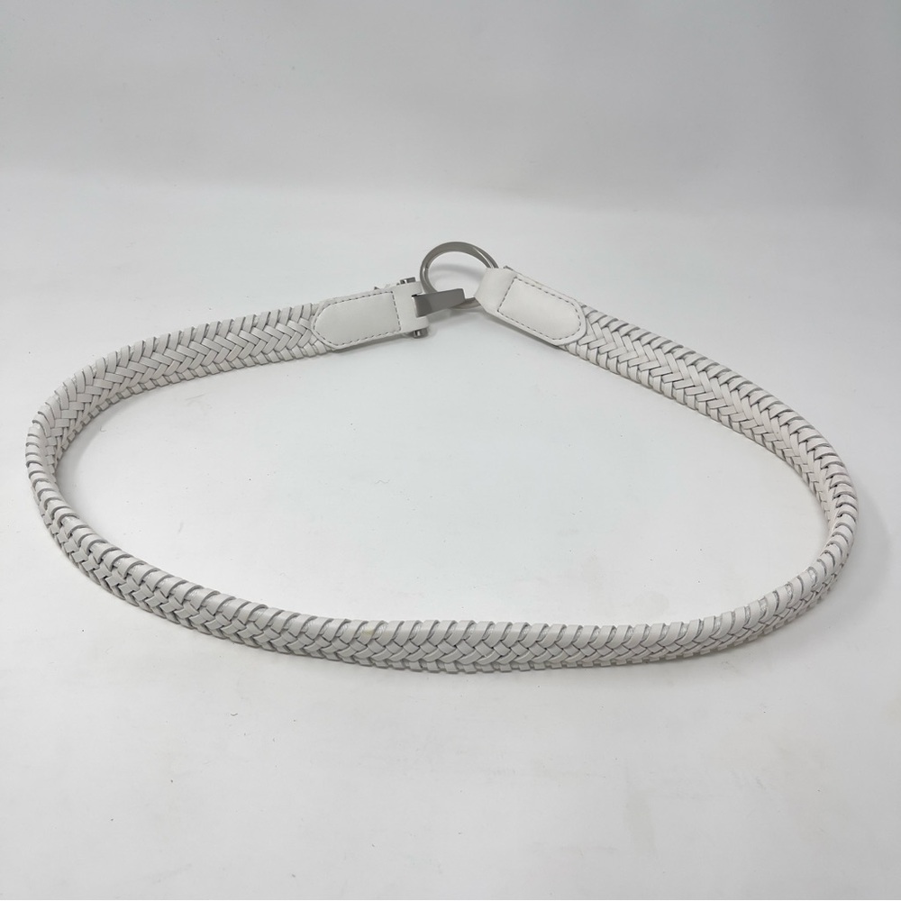Vintage White Braided Leather Belt Silver Ring Buckle, Minimalist - Picture 4 of 5
